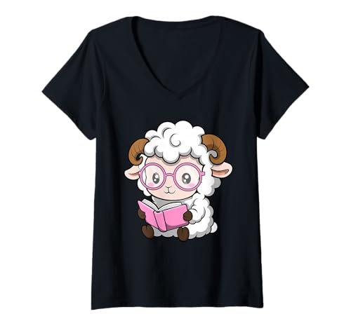 Damen Niedliches Nerdy Sheep Cartoon-Design T-Shirt mit V-Ausschnitt von Nerdy Animal Squad - Sheep Edition
