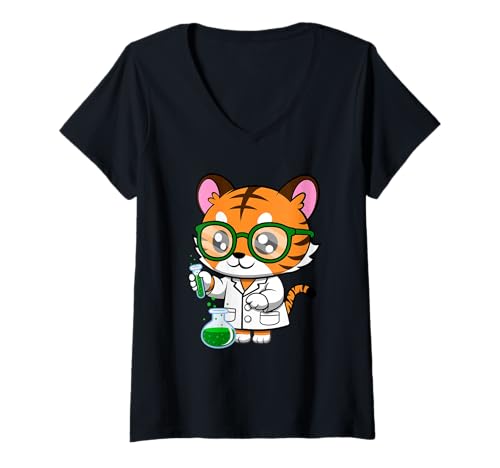 Damen Niedliches Nerdy Tiger Cartoon-Design T-Shirt mit V-Ausschnitt Damen Niedliches Nerdy Tiger Cartoon-Design T-Shirt mit V-Ausschnitt von Nerdy Animal Squad - Tiger Edition