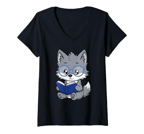 Damen CuteNerdy Wolf Cartoon-Design T-Shirt mit V-Ausschnitt von Nerdy Animal Squad - Wolf Edition