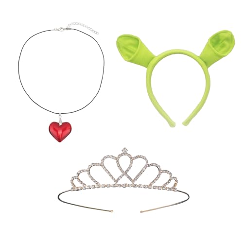 Nereds 3-teiliges grünes Ogerohren-Stirnband, Glitzerkrone, Stirnband, Herz-Halsketten-Set, Oger-Kostüm-Zubehör für Halloween-Kostüm, Party-Dekoration von Nereds