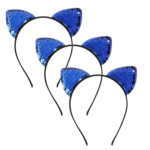 Nereds Wendbares Pailletten-Katzenohren-Haarband, niedlicher Glitzer, Katzenkopf-Zubehör, glänzendes Pailletten-Haarband, Kätzchen-Haarreifen für Damen und Mädchen, Blau, 3 Stück von Nereds