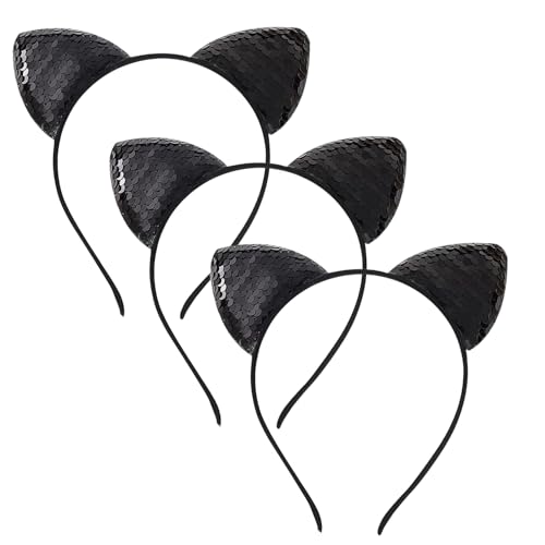 Nereds Wendbares Pailletten-Katzenohren-Haarband, niedlicher Glitzer, Katzenkopf-Zubehör, glänzendes Pailletten-Haarband, Kätzchen-Haarreifen für Frauen und Mädchen, 3 Stück (schwarz) von Nereds