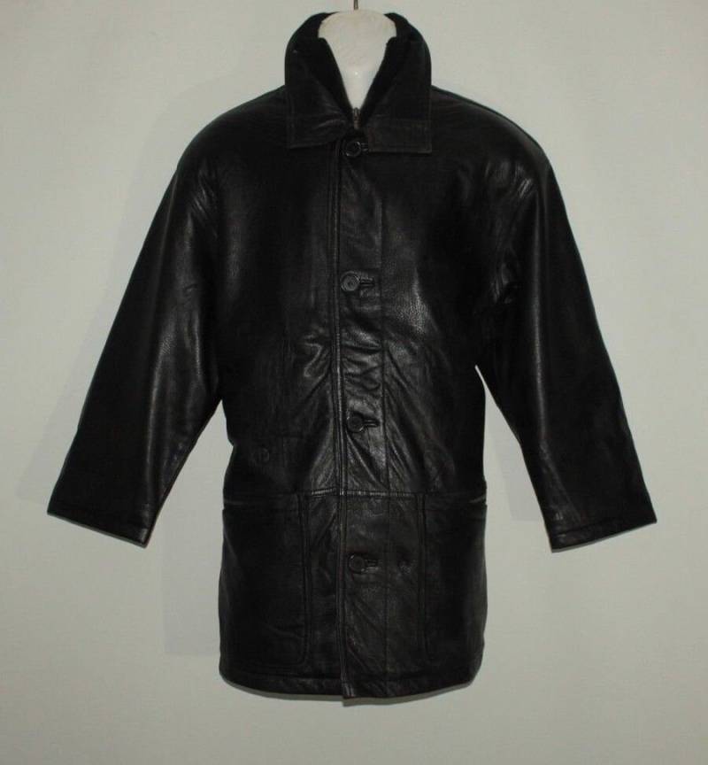 Vintage 80Er Jahre Schwarz Leder C L Zip Knopf Hüftlang Lässige Herren Jacke Größe M von NeringasVintageStore