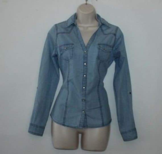 Vintage Blau Baumwolle Tally Weijl Popper Ausgestattet Langarm Casual Top Shirt Größe 10/38 von NeringasVintageStore