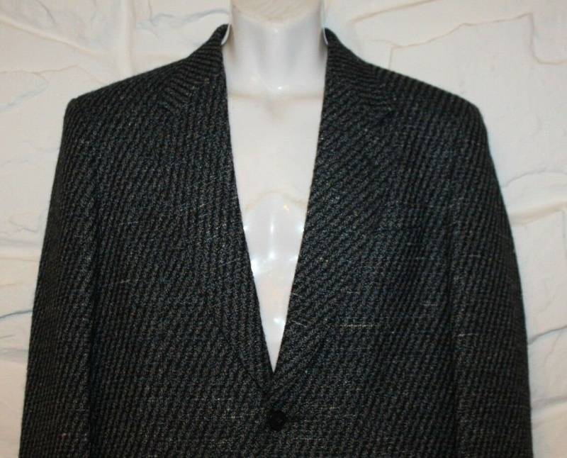 Vintage Blau Grau Wolle Mix Peter Michael Hip Länge Zugeschnitten Passen Jacke Blazer in Größe 48 von NeringasVintageStore
