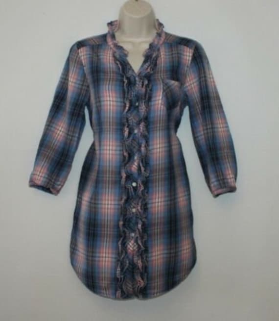 Vintage Blau & Rosa Karierte Baumwolle Geteilt 3/4 Ärmel Check Tops Bluse Kleid Größe 8/36 von NeringasVintageStore