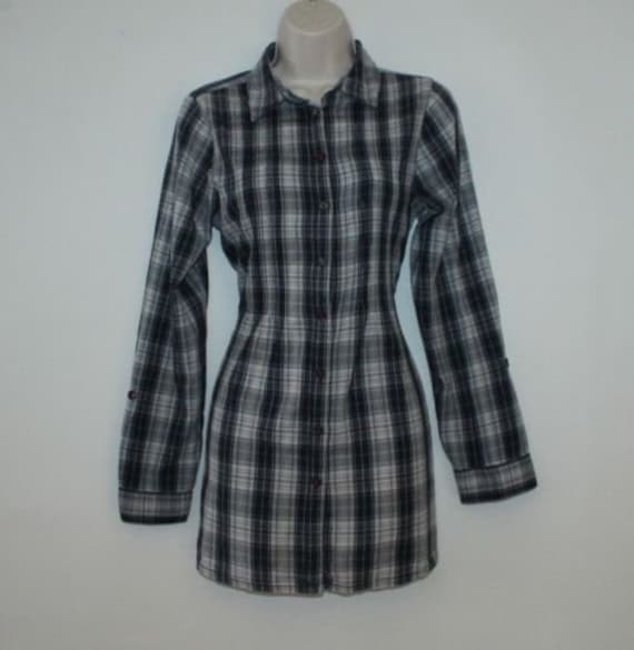 Vintage Blau & Weiß Karierte Baumwolle Birkhahn Mode Langarm Check Bluse Shirts 10/38 von NeringasVintageStore