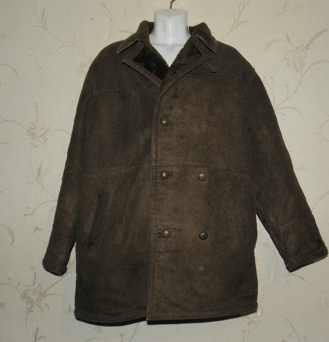 Vintage Brown Lamb Suede St Michael Leather Button Military Coat Jacket Size L von NeringasVintageStore