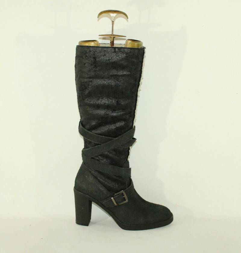 Vintage Damen Schwarz Distressed Wildleder & Look Blend She Mid Kalb High Heel Stiefel Sz 4/37 von NeringasVintageStore