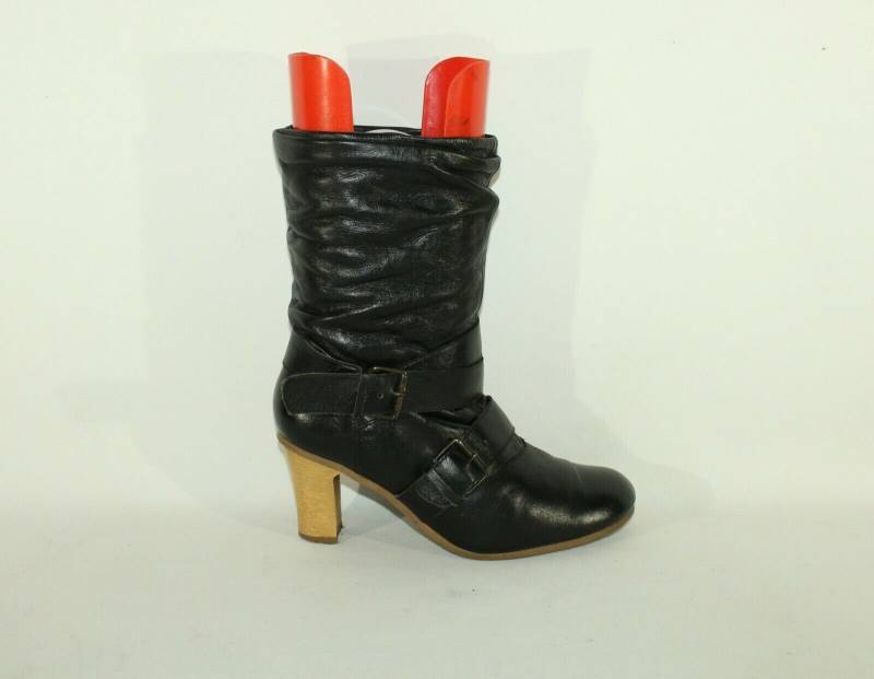 Vintage Damen Schwarz Leder Stephanie Pull On Falten Mid Heel Calf Stiefel 7/40 von NeringasVintageStore