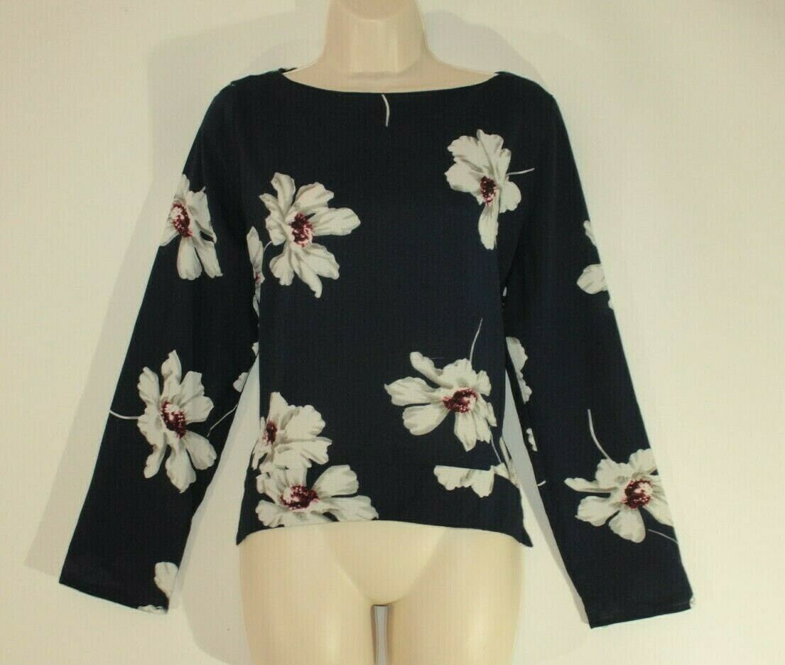 Vintage Dunkelblau Mit Floral Stoff Ax Paris Langarm Casual Top Bluse Größe 12/40 von NeringasVintageStore