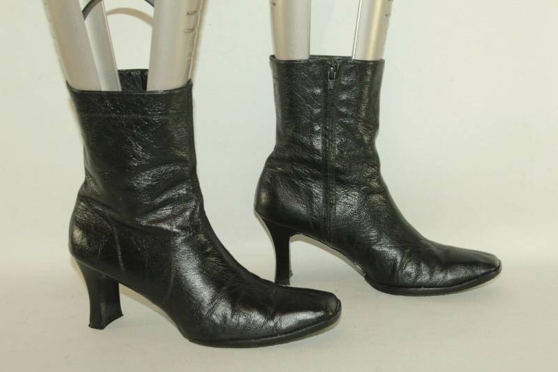 Vintage Schwarze Leder Mercedes Zip Quadrat Fuß Mitte Ferse Lässige Stiefeletten Größe 5, 5 /38.5 von NeringasVintageStore