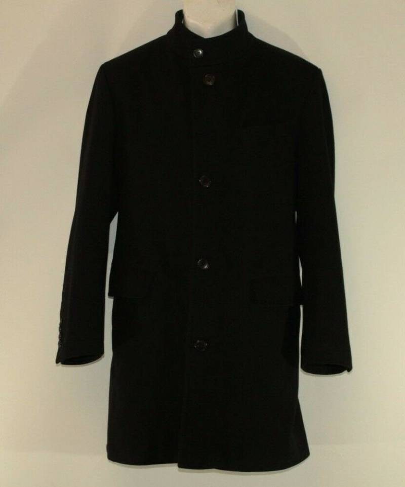 Vintage Schwarze Wolle Mischung Theo Wurmland Knopf Formale Knie Länge Mantel Jacke Größe 48 von NeringasVintageStore