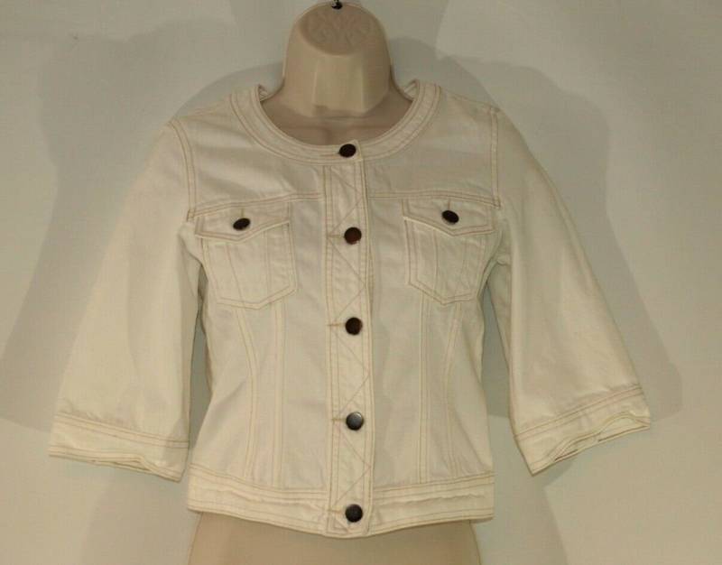 Vintage White Denim Ep At Play Button Waist Length 3/4 Sleeve Jacket Blazer Size S/34 von NeringasVintageStore