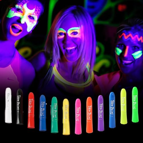 Im Dunkeln leuchtende Körperfarbe 12 drehbare Neon-Gesichtsmalstifte für Kinder und Erwachsene wiederverwendbare abwaschbare Farbe für Maskeraden/Halloween/Festivals von Neroyaner