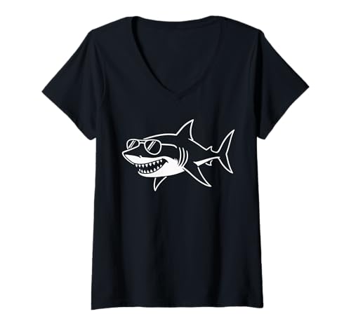 Damen Cooler Retro-Hai in Sonnenbrille für Herren, Damen, Kinder, lustiger Hai T-Shirt mit V-Ausschnitt Damen Cooler Retro-Hai in Sonnenbrille für Herren, Damen, Kinder, lustiger Hai T-Shirt mit V-Ausschnitt von Nerrrdy