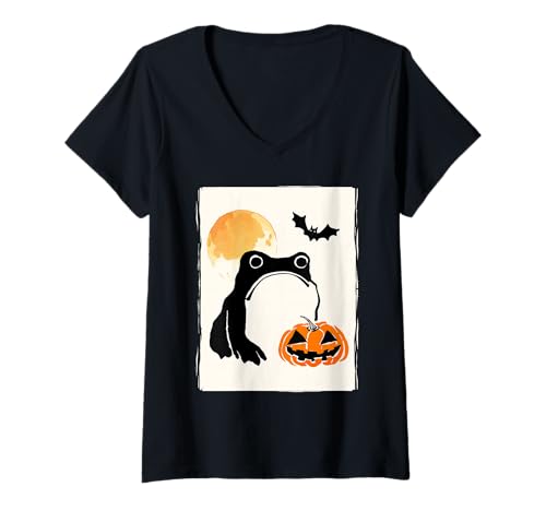 Damen Grumpy Frog Japanische Kunst Männer Frauen Kinder Lustig Halloween T-Shirt mit V-Ausschnitt von Nerrrdy
