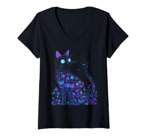 Damen Katze in Blumen Herren Damen Kinder Cottagecore T-Shirt mit V-Ausschnitt von Nerrrdy