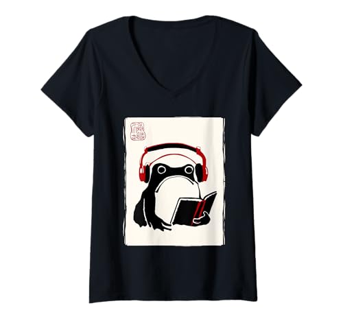 Damen Lustige Grumpy Frog Bücher Musik Kawaii Tinte Japanisch T-Shirt mit V-Ausschnitt von Nerrrdy