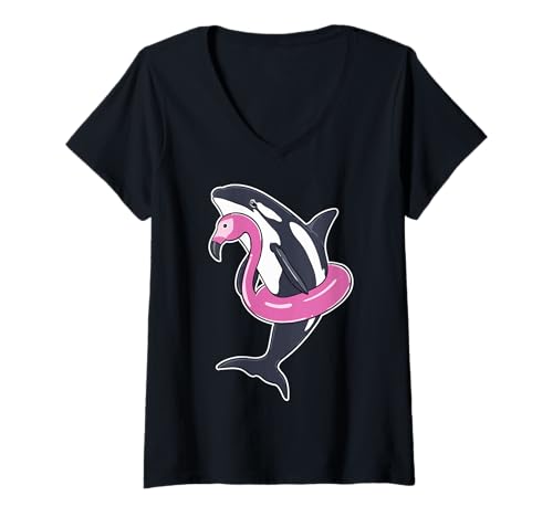 Damen Lustiger Orca Flamingo Pool Party Männer Frauen Kinder Strand Sommer T-Shirt mit V-Ausschnitt von Nerrrdy