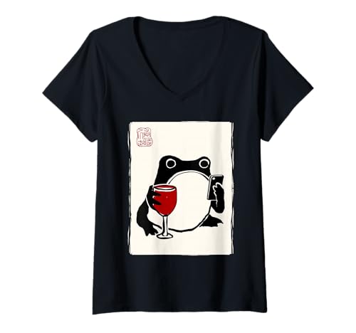 Damen Lustiger mürrischer Frosch Weinmusik Kawaii Japanisch T-Shirt mit V-Ausschnitt von Nerrrdy