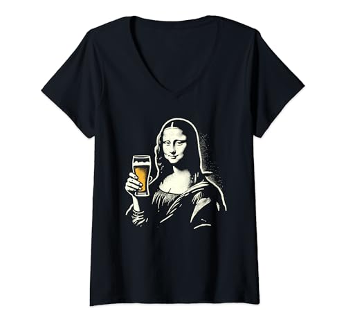 Damen Mona Lisa mit Bierbar Pub Crawl Party Männer Frauen Lustiges Bier T-Shirt mit V-Ausschnitt Damen Mona Lisa mit Bierbar Pub Crawl Party Männer Frauen Lustiges Bier T-Shirt mit V-Ausschnitt von Nerrrdy