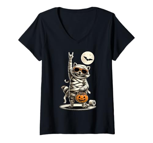 Damen Niedliche Mama Männer Frauen Kinder Lustiger Halloween Waschbär T-Shirt mit V-Ausschnitt von Nerrrdy