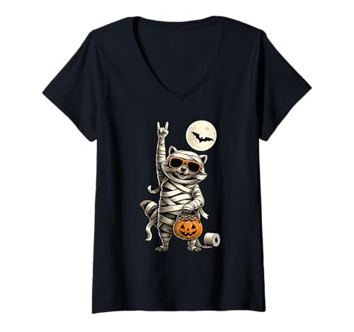 Damen Niedliche Mama Männer Frauen Kinder Lustiger Halloween Waschbär T-Shirt mit V-Ausschnitt von Nerrrdy