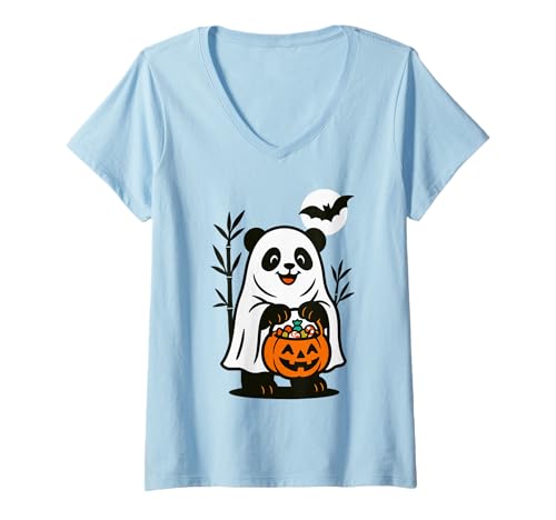 Damen Niedlicher Geist Halloween Männer Frauen Kinder Lustiger Panda T-Shirt mit V-Ausschnitt von Nerrrdy