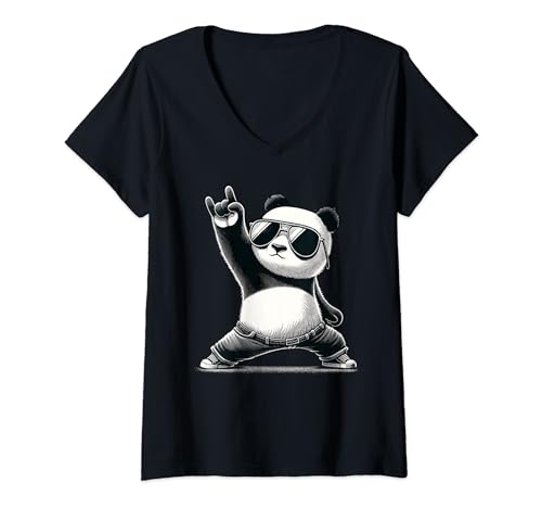 Damen Retro Panda Rock Musik Geschenk Männer Kinder Frauen Lustiger Panda T-Shirt mit V-Ausschnitt von Nerrrdy
