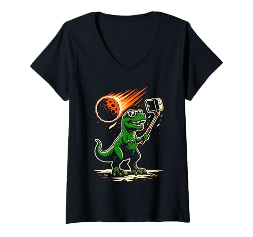 Damen T-Rex Selfie Grafik Neuheit Männer Frauen Kinder Lustiger Dinosaurier T-Shirt mit V-Ausschnitt von Nerrrdy