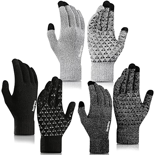 Nertpow Handschuhe Herren Winter Touchscreen 3 Pack, Thermo Handschuhe Herren Damen Warme Rutschfest Stricken mit Fleece Gefüttert Geschenke für Familie(Schwarz&Schwarz+Weiß&Grau+Weiß-L) von Nertpow