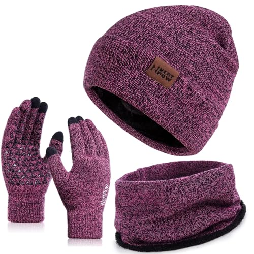 Nertpow Mütze, Schal & Handschuh-Sets für Damen Herren, Touchscreen Handschuhe Winter Beanie Mütze Stricken mit Fleece Gefüttert Schal Halswärmer Geschenk Set(Handschuhe&Mütze&Schal Schwarze Rose) von Nertpow