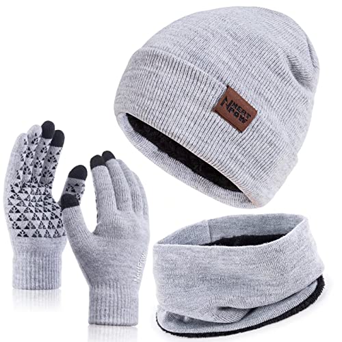 Nertpow Mütze, Schal & Handschuh-Sets für Damen Herren, Touchscreen Handschuhe Winter Beanie Mütze Stricken mit Fleece Gefüttert Schal Halswärmer Schlauchschal set von Nertpow