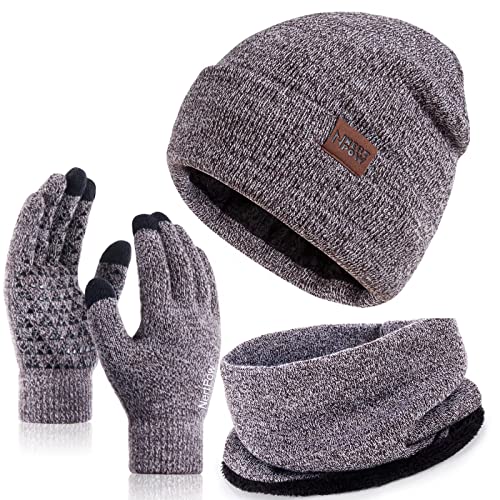 Nertpow Mütze, Schal & Handschuh-Sets für Damen Herren, Touchscreen Handschuhe Winter Beanie Mütze Stricken mit Fleece Gefüttert Schal Halswärmer Schlauchschal set von Nertpow