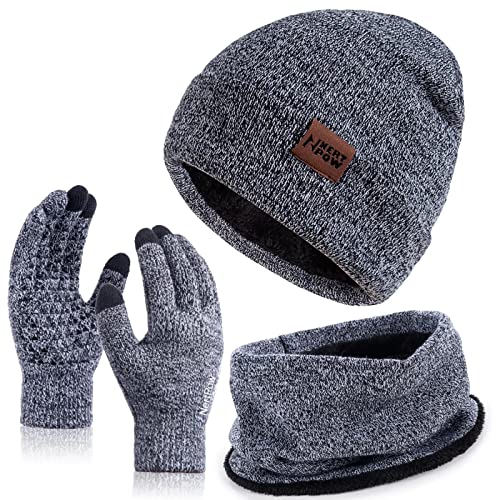 Nertpow Mütze, Schal & Handschuh-Sets für Damen Herren, Touchscreen Handschuhe Winter Beanie Mütze Stricken mit Fleece Gefüttert Schal Halswärmer Schlauchschal set von Nertpow