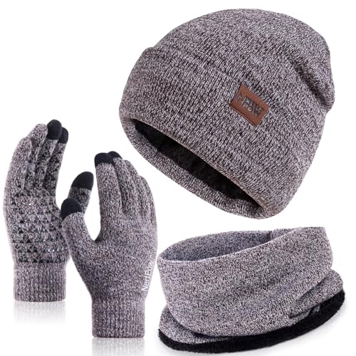 Nertpow Mütze, Schal & Handschuh-Sets für Damen Herren, Touchscreen Handschuhe Winter Beanie Mütze Stricken mit Fleece Gefüttert Schal Halswärmer Geschenk Set(Handschuhe&Mütze&Schal Kaffee Weiß) von Nertpow