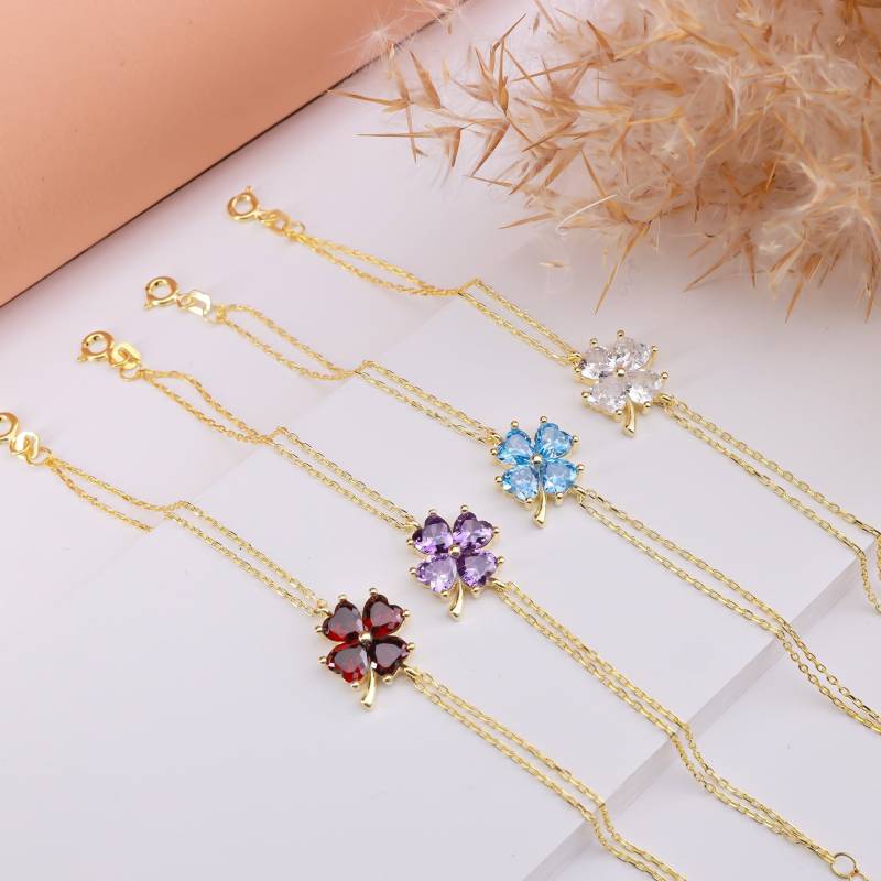 Personalisierte Gold Geburtsstein Armband Klee Silber Citrin Charme Dezember Birthstone Geschenk Für Frauen von NeshelyJewelry