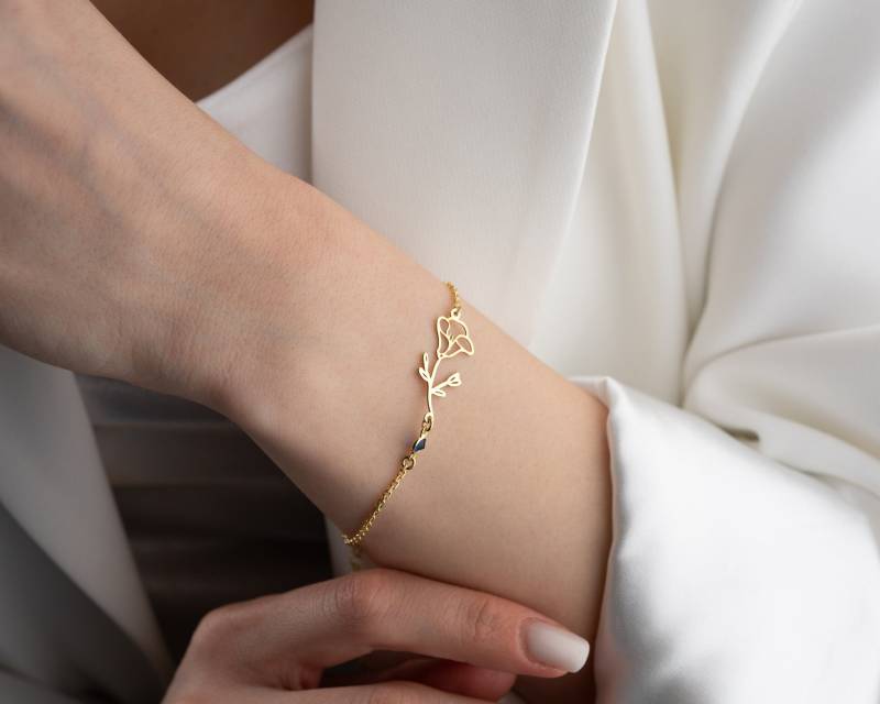 Zierliches Armband Gold Geburtsblume Frauen Silber Dezember Geburtsstein Holly Mit Birthstone Monat Blume Bettelarmband von NeshelyJewelry