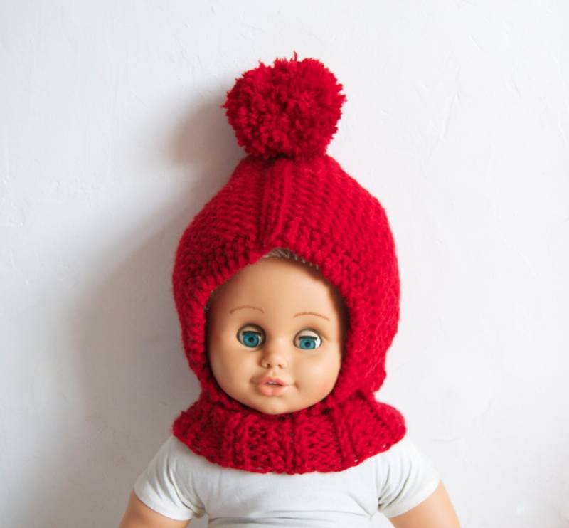 Handgestrickte Wolle Balaclava Hut, Baby/Kleinkind Kinder Hoodie Mit Halswärmer, Helmmütze Bommel von NeslisHandcrafts
