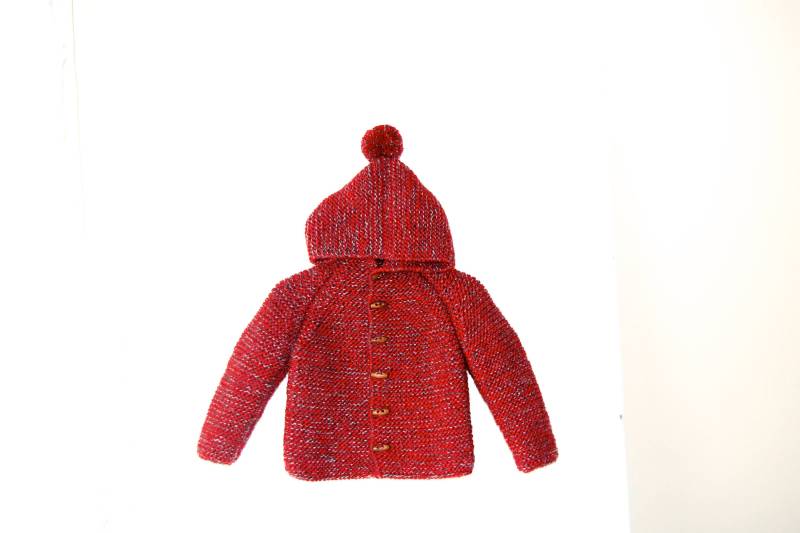 Neu Hand Gestrickte %100 Wolle Unisex Kinder/Baby/Kleinkind Kapuzenpullover Cardigan/Jacke, Duffel Mantel, Chunky, Rot Mit Silbernen&schwarzen von NeslisHandcrafts