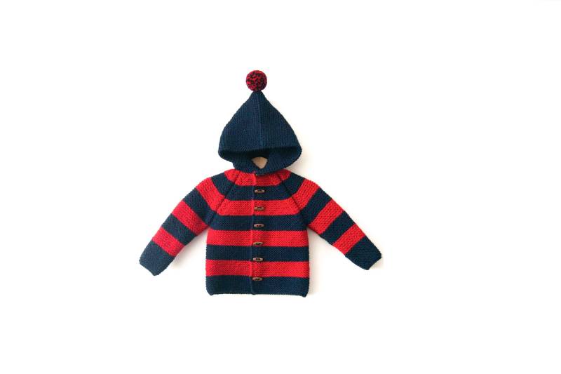 Neu Handgestrickte Baby/Kleinkind Kinder Jungen Wolle Hoodie Cardigan/Jacke, Chunky, Duffel Mantel, Raglan Mit Pom Navy Blau-Rot Farbe Gestreift von NeslisHandcrafts