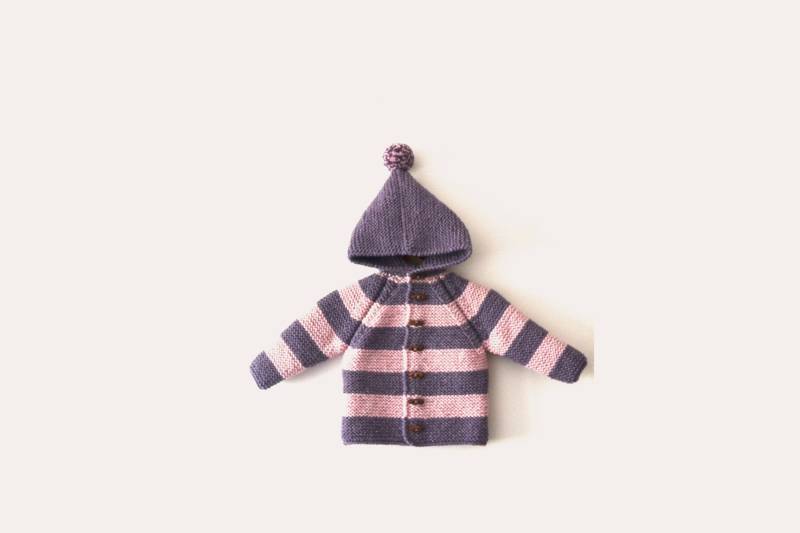 Neu Handgestrickte Baby/Kleinkind Mädchen Hoodie Cardigan/Jacke, Chunky, Duffel Mantel, Lange Raglanärmel, Damson Mix-Light Pink Farbe Gestreift von NeslisHandcrafts