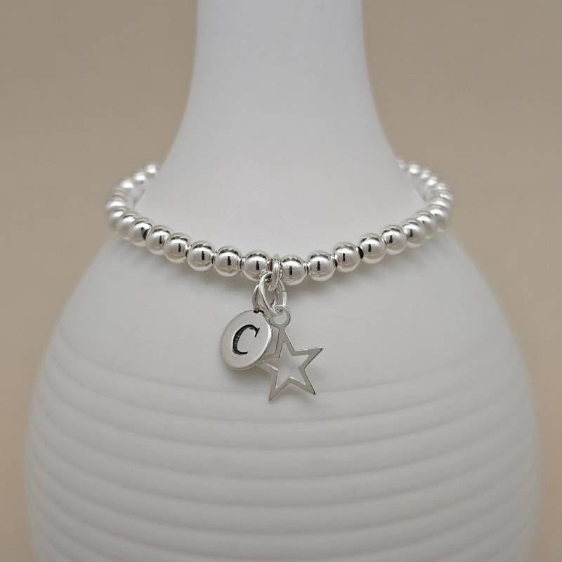 Kinder Silber Bead Personalisierte Armband Mit Massivem Stern Anhänger von NestGiftShop