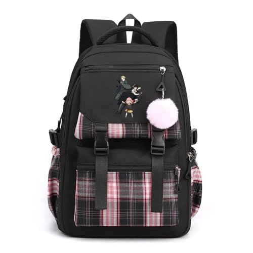 Nesthome Teenager Spy x Family Rucksack Damen Mädchen für Reisen Schule Daypacks mit Haarballen Anhänger Checkered Freizeitrucksack Schulranzen Daypacks von Nesthome