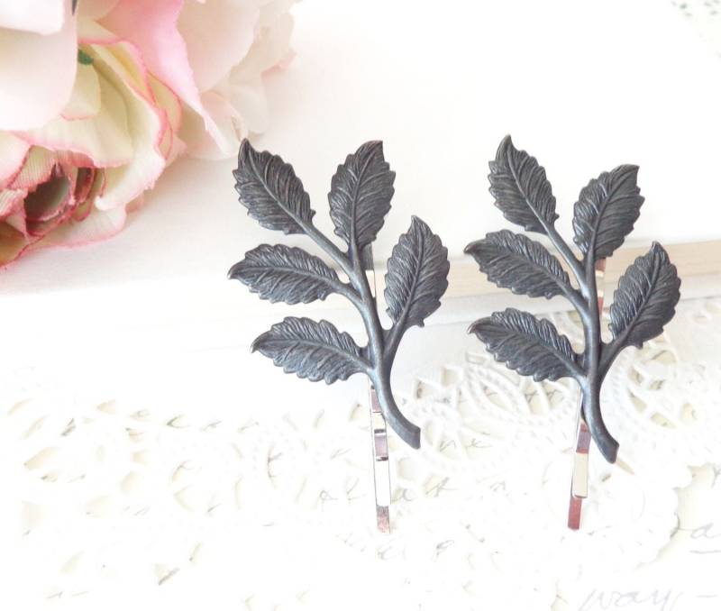 Blatt Zweig Bobby Pin Set - Schwarz Satin Finish Wald-Kollektion Wunderliche Natur Braut von NestingPretty