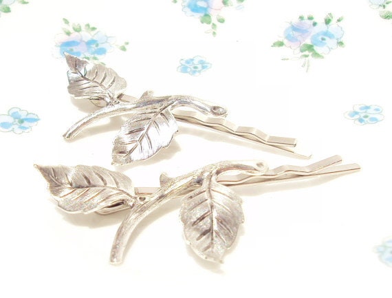Blatt Zweig Bobby Pin Set - Wald-Kollektion Wundersam Natur Braut Silber von NestingPretty