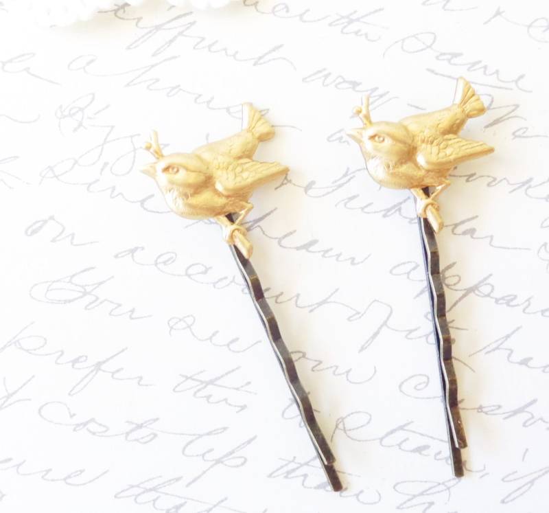 Gold-Vogel Auf Einem Zweig Haar Pin Set - Wald-Kollektion Wundersam Natur Braut Spatz Schlucken von NestingPretty
