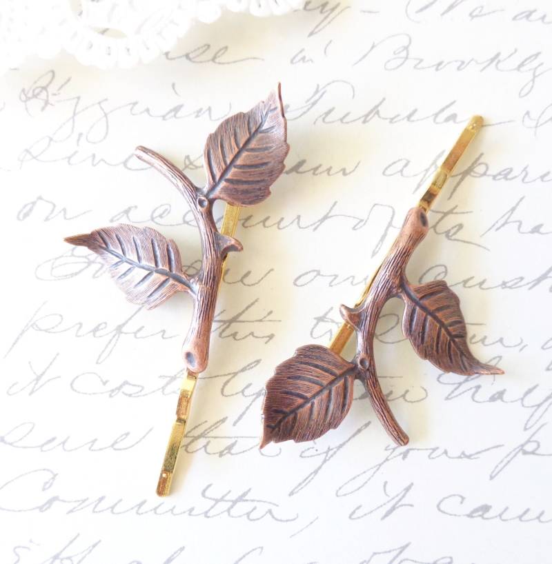 Kupfer Blatt Ast Bobby Pin Set - Haarnadeln Waldblatt Haarnadel Haar Accessoire von NestingPretty