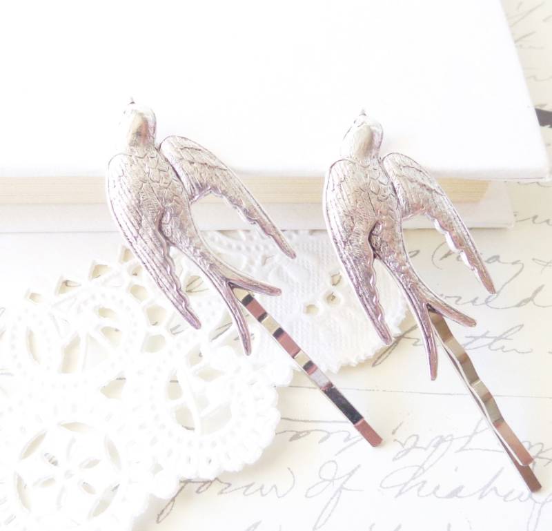 Silberne Spatz Haarnadeln - Vogel Schwalben Haarnadel Set Take Flight Bobby Pin Wald Gartenhochzeiten Braut von NestingPretty